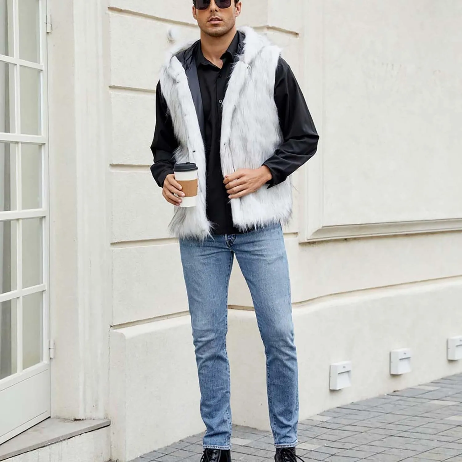 Fur Vest Jacket for Men Furry Faux Fur Coat Hooded Open Front Warm Casual Loose Thicken Cardigan Winter Cardigan Vest