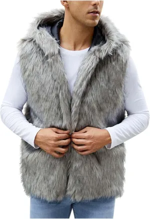Fur Vest Jacket for Men Furry Faux Fur Coat Hooded Open Front Warm Casual Loose Thicken Cardigan Winter Cardigan Vest