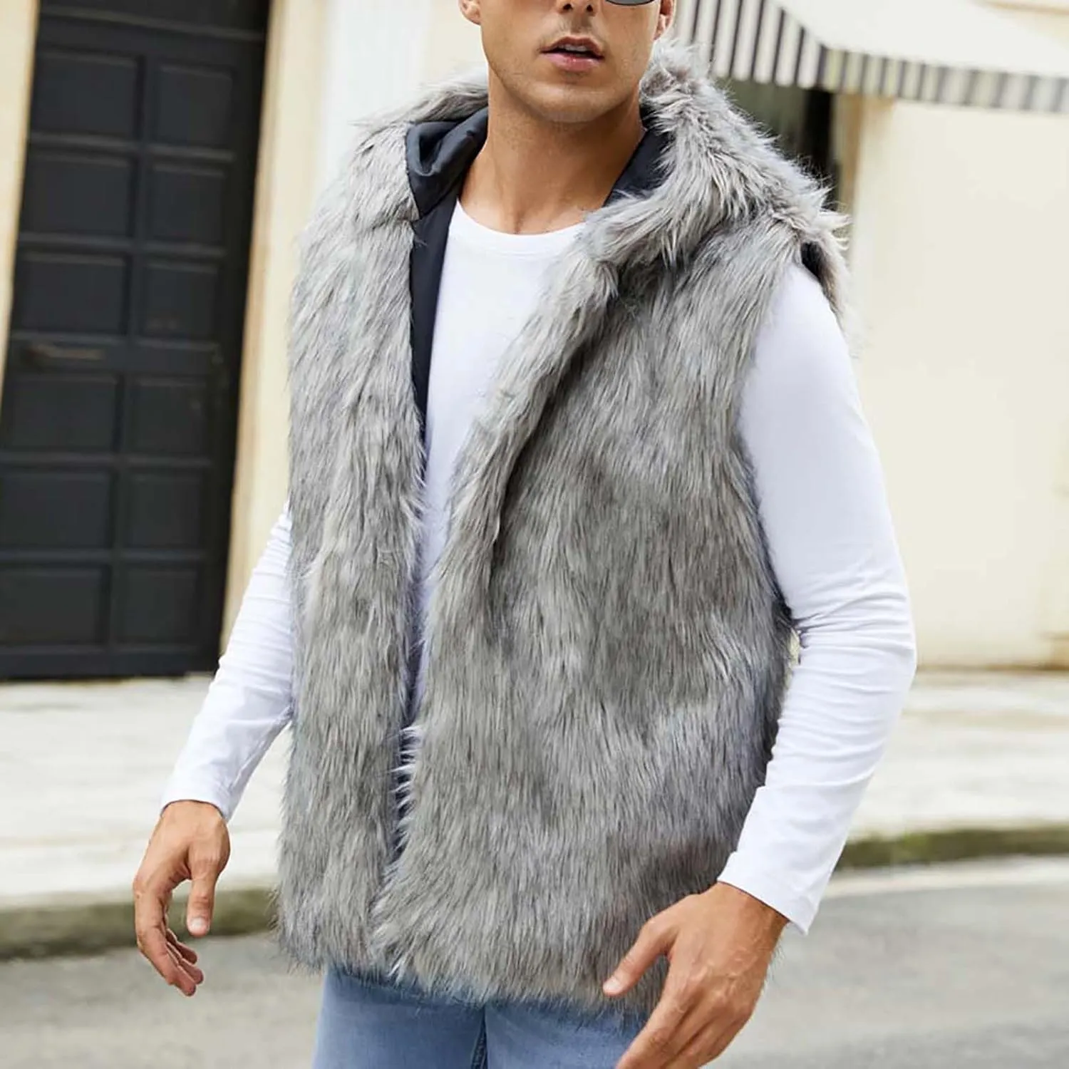 Fur Vest Jacket for Men Furry Faux Fur Coat Hooded Open Front Warm Casual Loose Thicken Cardigan Winter Cardigan Vest