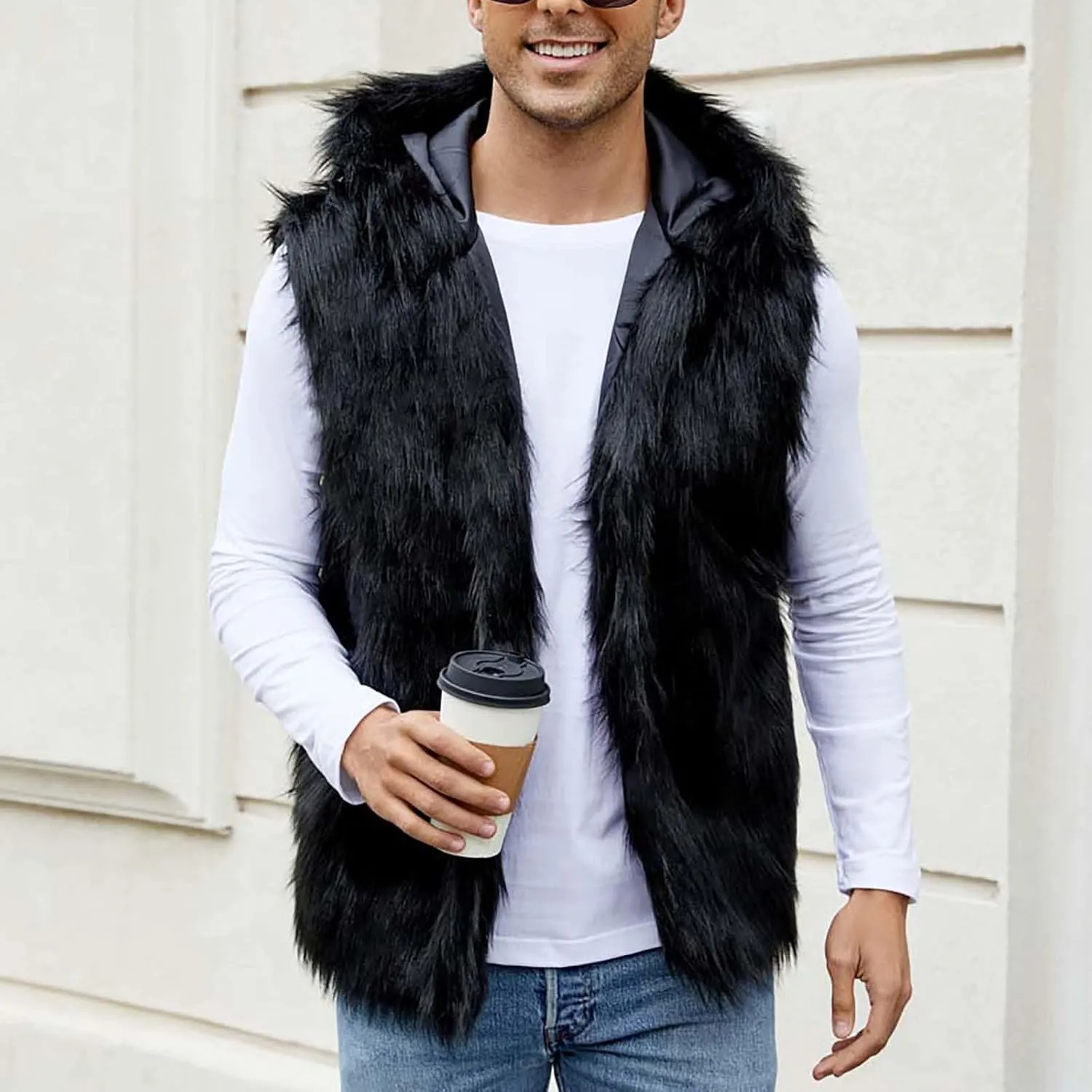 Fur Vest Jacket for Men Furry Faux Fur Coat Hooded Open Front Warm Casual Loose Thicken Cardigan Winter Cardigan Vest