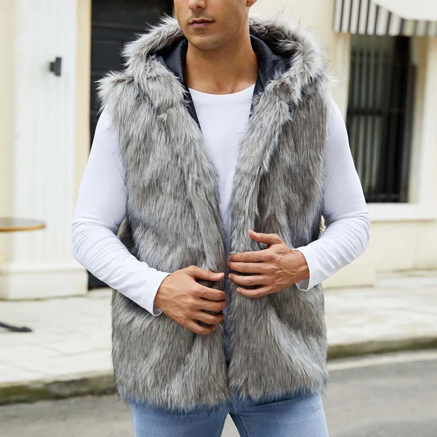 Fur Vest Jacket for Men Furry Faux Fur Coat Hooded Open Front Warm Casual Loose Thicken Cardigan Winter Cardigan Vest