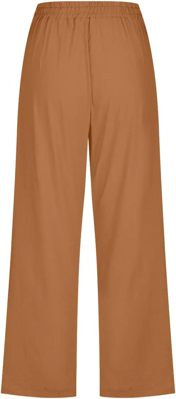 FZYLQY Capri Pants for Women Casual 2025 Summer Drawstring Elastic High Waist Linen Pants Straight Wide Leg Cropped Trousers