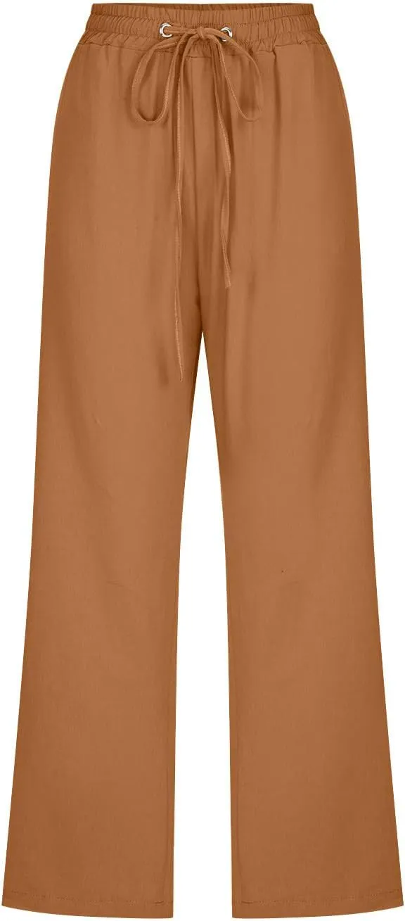 FZYLQY Capri Pants for Women Casual 2025 Summer Drawstring Elastic High Waist Linen Pants Straight Wide Leg Cropped Trousers