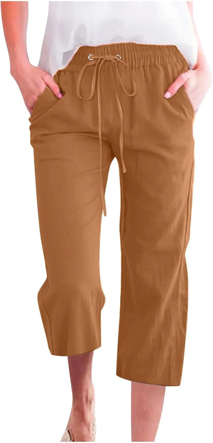 FZYLQY Capri Pants for Women Casual 2025 Summer Drawstring Elastic High Waist Linen Pants Straight Wide Leg Cropped Trousers