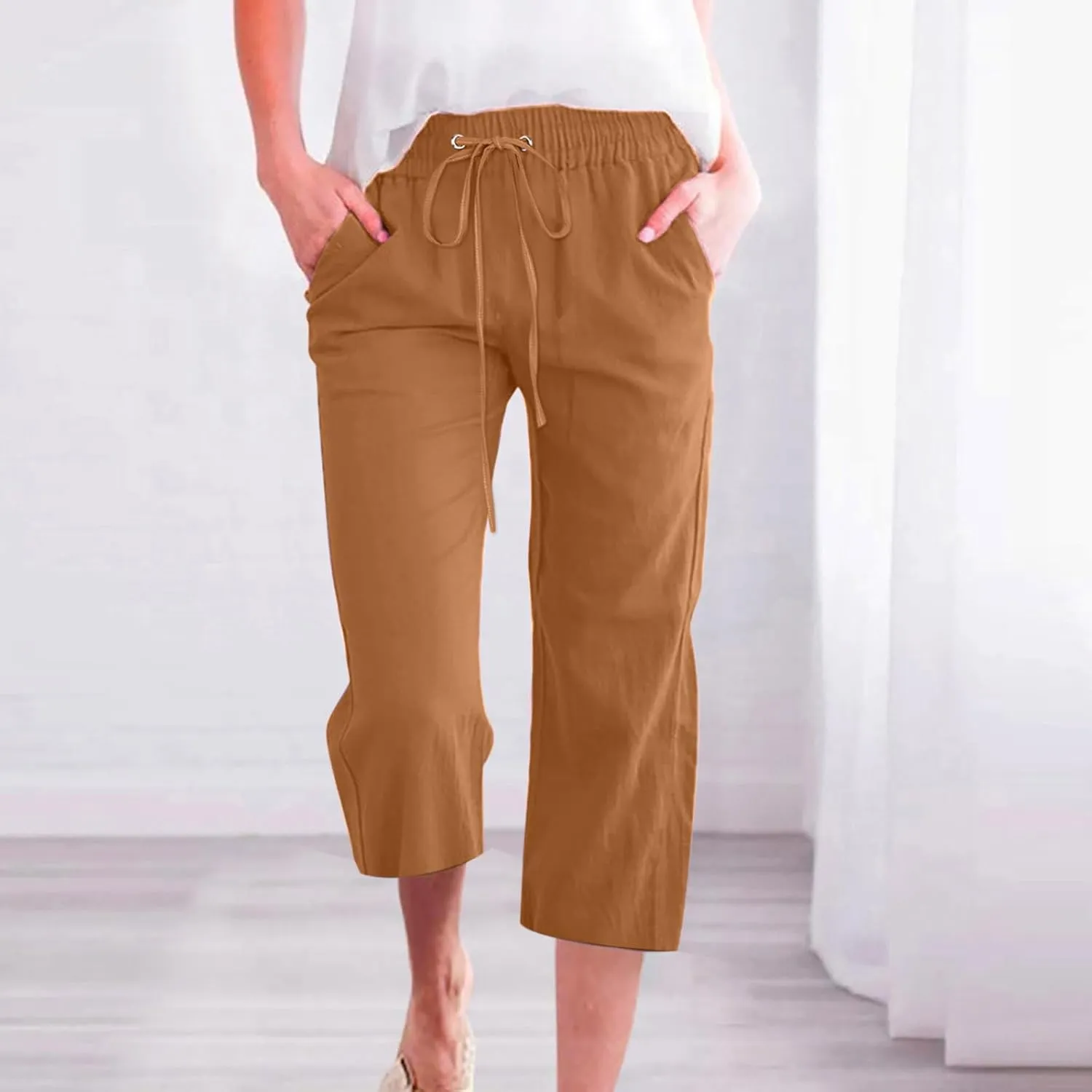 FZYLQY Capri Pants for Women Casual 2025 Summer Drawstring Elastic High Waist Linen Pants Straight Wide Leg Cropped Trousers