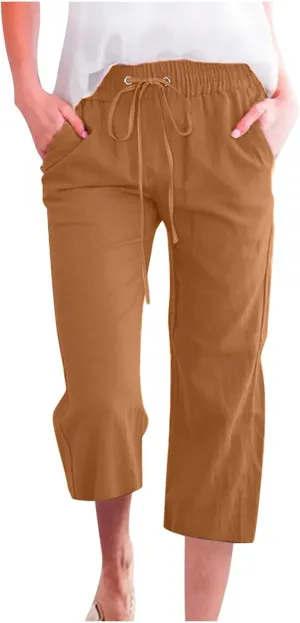 FZYLQY Capri Pants for Women Casual 2025 Summer Drawstring Elastic High Waist Linen Pants Straight Wide Leg Cropped Trousers