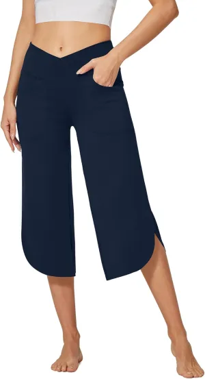 G4Free Capri Pants for Women Wide Leg Yoga Pants for Summer Flowy Capris Loose Casual Cropped Pants with Pockets