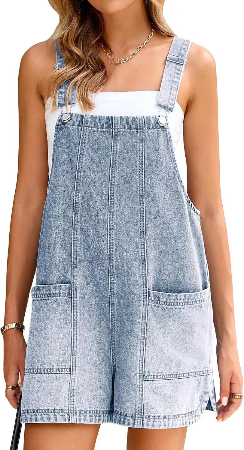 Glamaker Womens Denim Overalls Romper Casual Loose Fit Jean Rompers Adjustable Straps Overall Shorts Summer Outfits