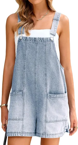 Glamaker Womens Denim Overalls Romper Casual Loose Fit Jean Rompers Adjustable Straps Overall Shorts Summer Outfits