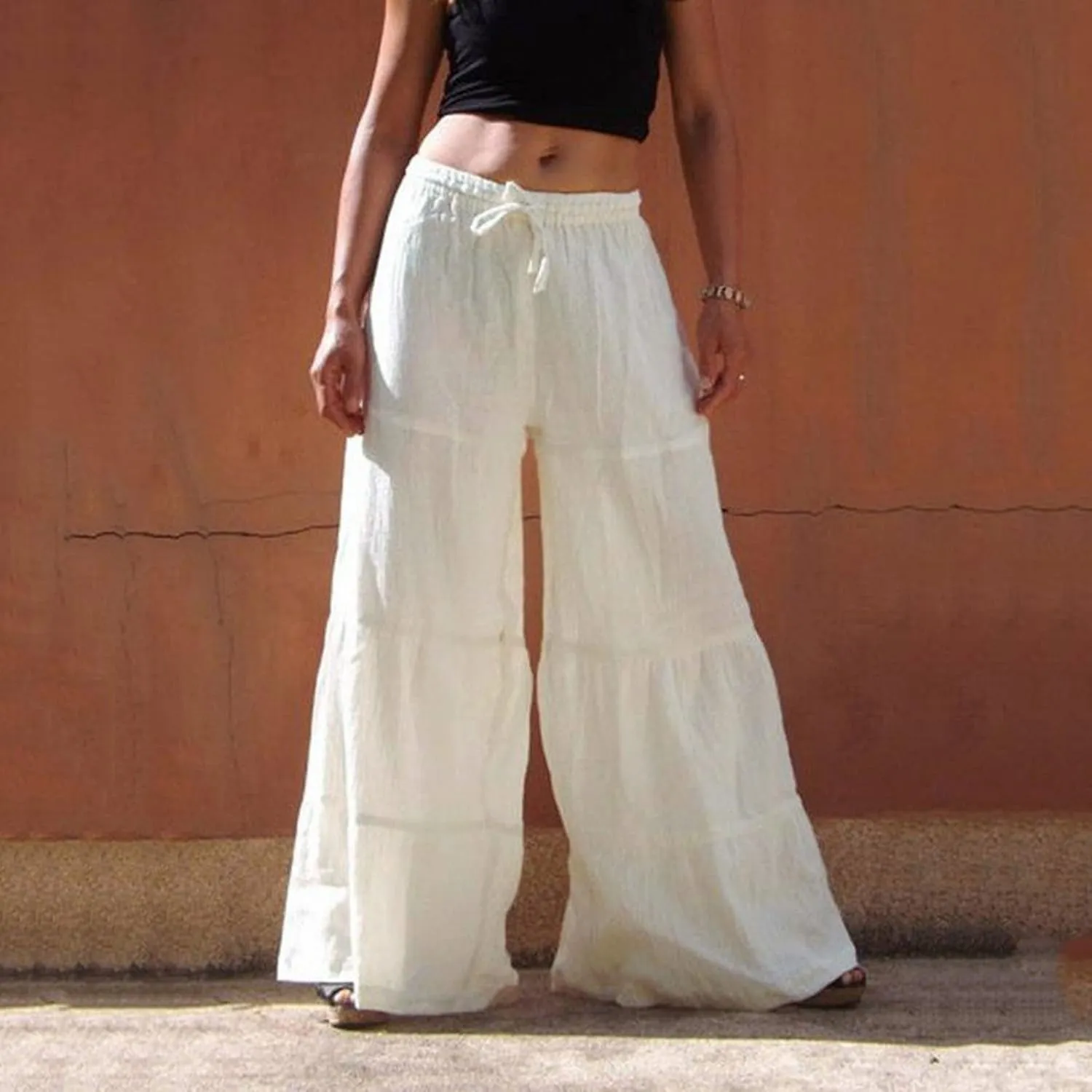 GOKKILRW Womens Boho High Waisted Smocked Ruffle Hem Wide Leg Palazzo Pants Cotton Linen Casual Loose Tiered Lounge Trousers