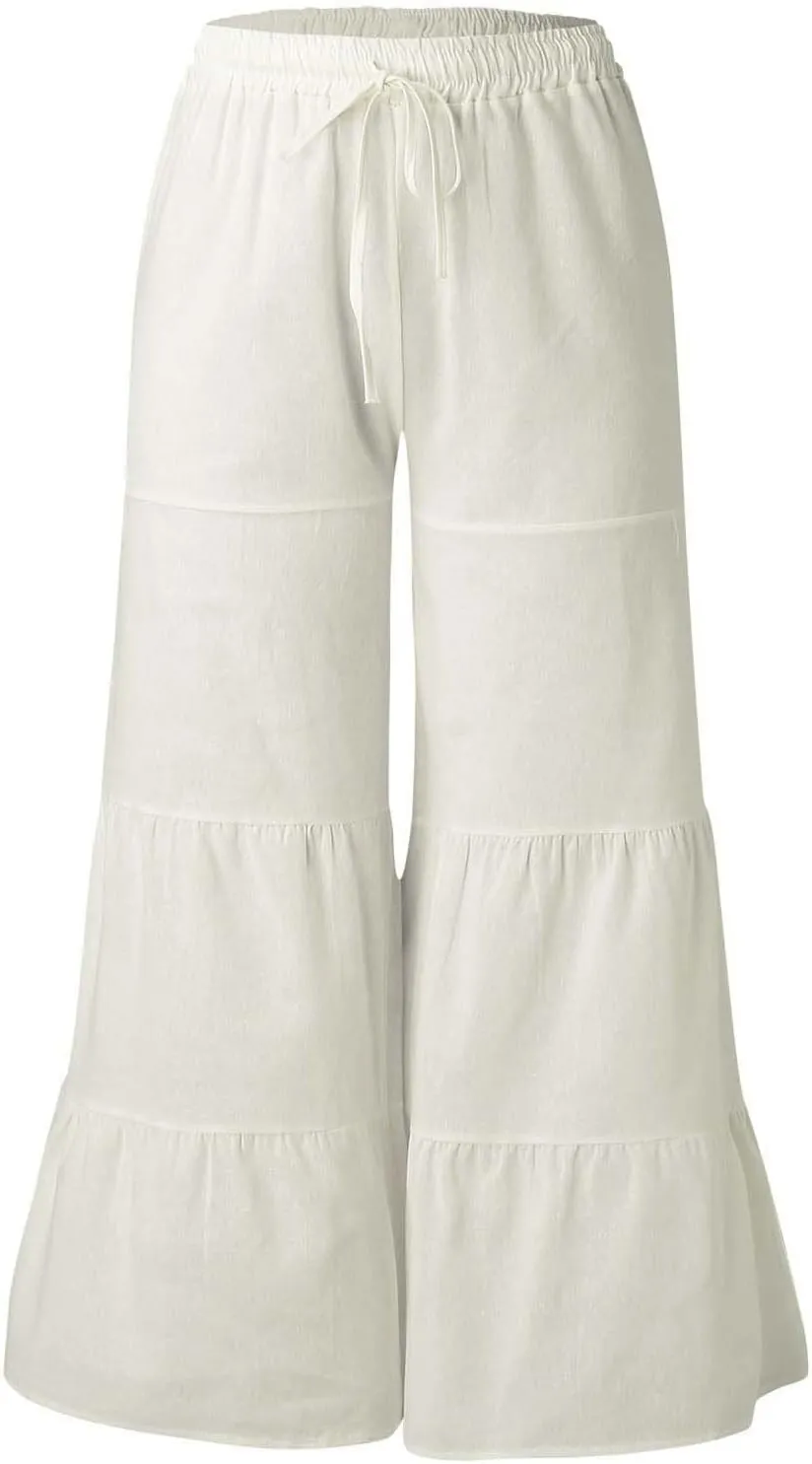 GOKKILRW Womens Boho High Waisted Smocked Ruffle Hem Wide Leg Palazzo Pants Cotton Linen Casual Loose Tiered Lounge Trousers
