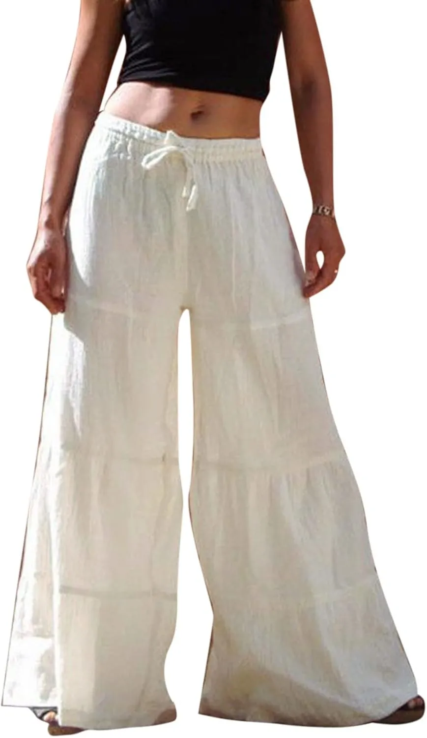 GOKKILRW Womens Boho High Waisted Smocked Ruffle Hem Wide Leg Palazzo Pants Cotton Linen Casual Loose Tiered Lounge Trousers