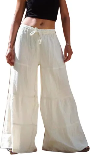 GOKKILRW Womens Boho High Waisted Smocked Ruffle Hem Wide Leg Palazzo Pants Cotton Linen Casual Loose Tiered Lounge Trousers