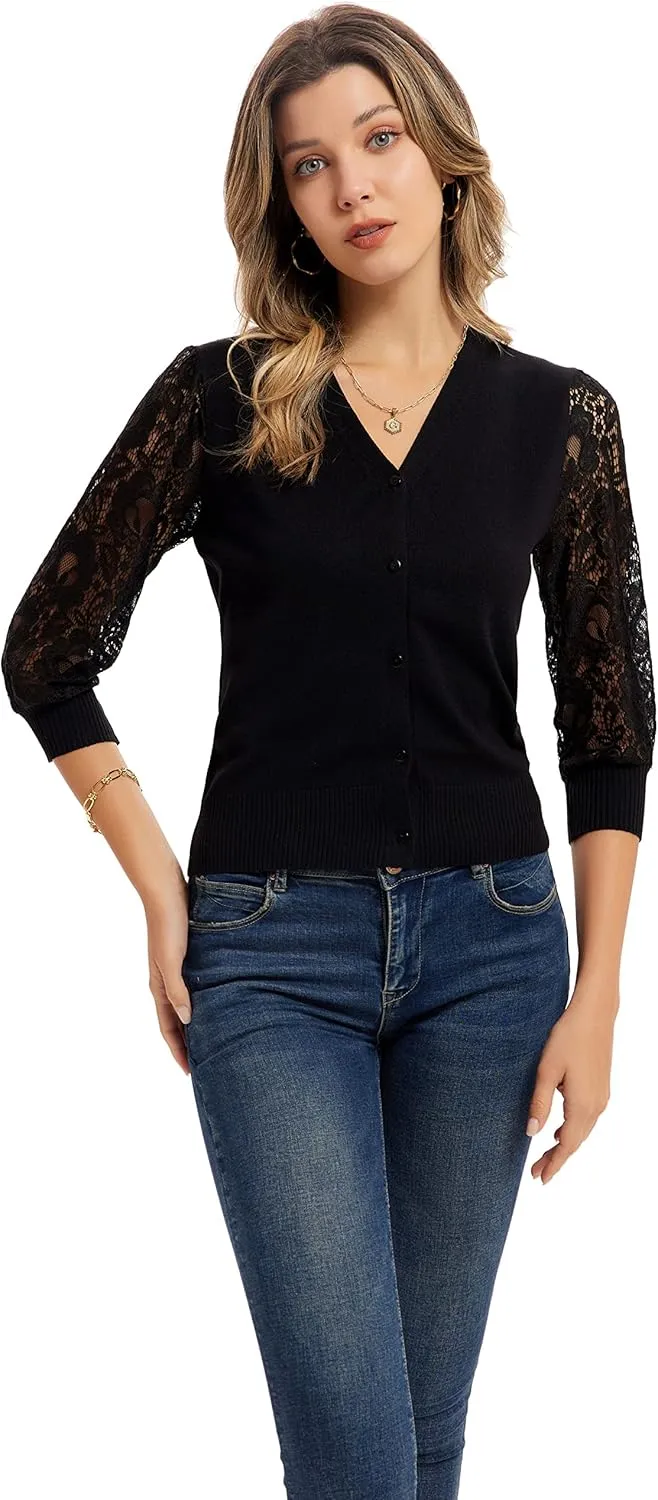 GRACE KARIN Women's Summer Cardigan Lightweight V Neck Lace 3/4 Sleeve Button Front Sweaters