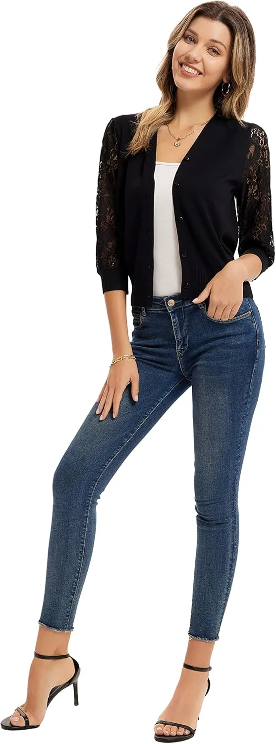 GRACE KARIN Women's Summer Cardigan Lightweight V Neck Lace 3/4 Sleeve Button Front Sweaters