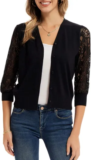 GRACE KARIN Women's Summer Cardigan Lightweight V Neck Lace 3/4 Sleeve Button Front Sweaters