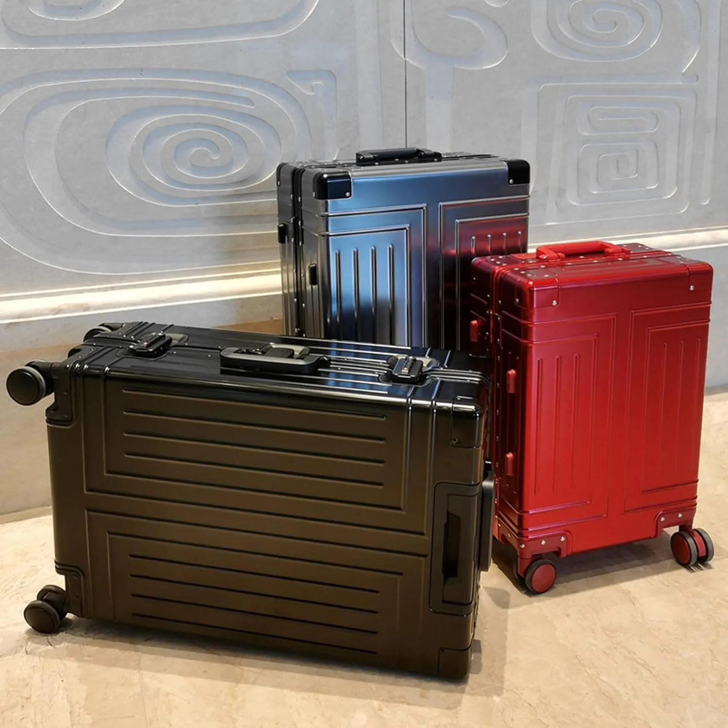 Hard Shell Suitcase All-Aluminum-Magnesium Trolley Case Portable Travel Metal Suitcases with Spinner Wheels Lightweight Durable Blue Black,28in