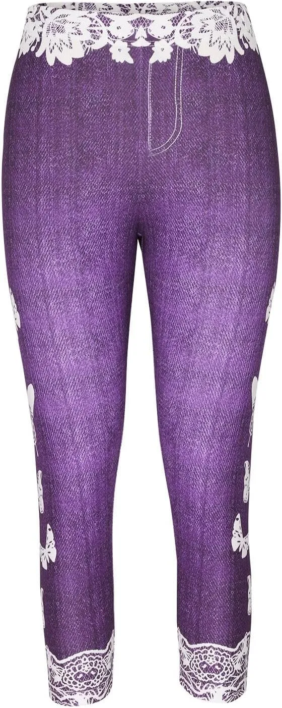 HGps8w Women Plus Size Jeans Jeggings Butterfly Lace Panel Bermuda Yoga Leggings High Waisted Stretch Capris Denim Pants
