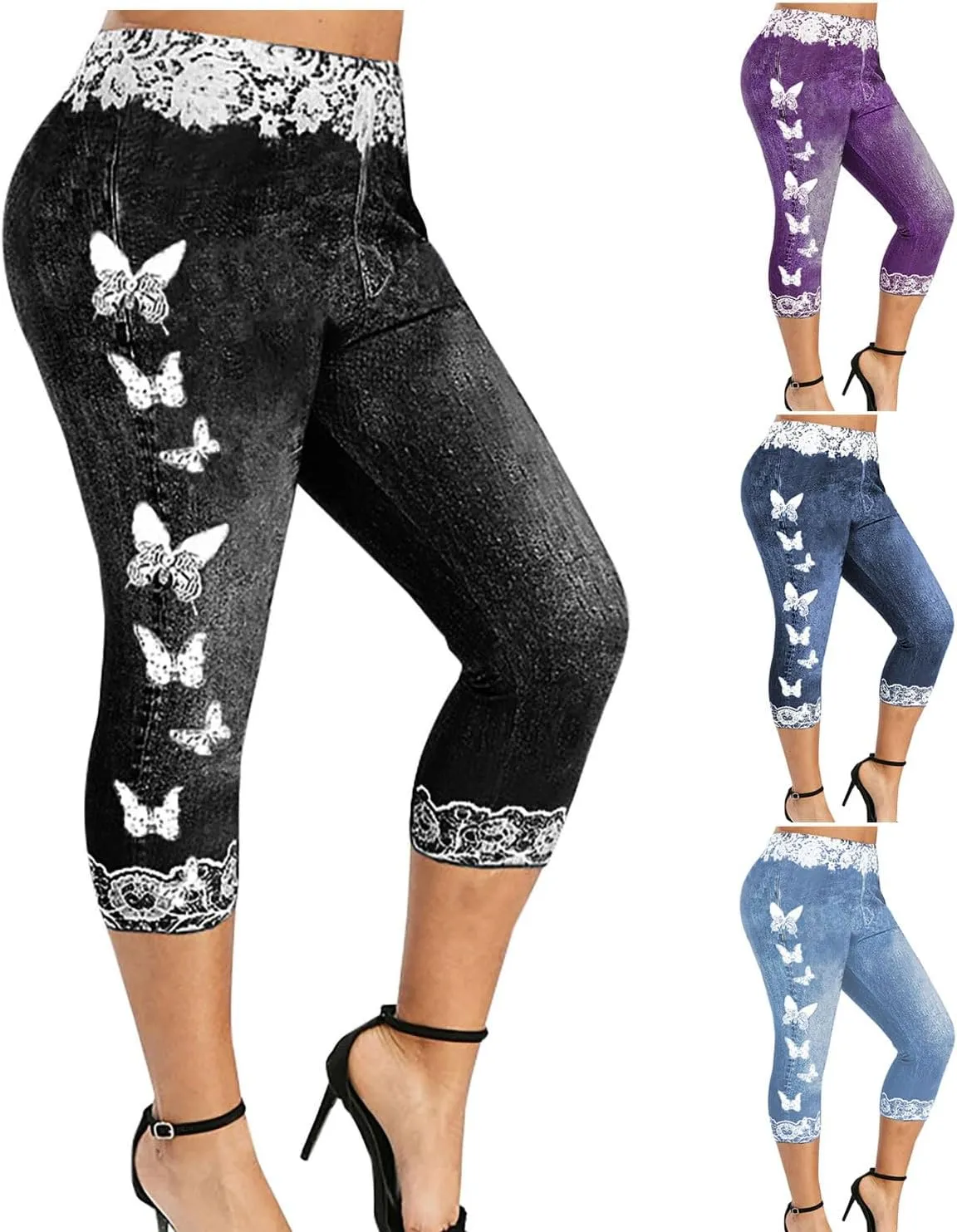 HGps8w Women Plus Size Jeans Jeggings Butterfly Lace Panel Bermuda Yoga Leggings High Waisted Stretch Capris Denim Pants
