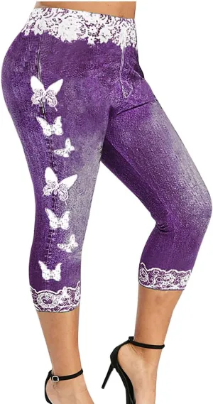 HGps8w Women Plus Size Jeans Jeggings Butterfly Lace Panel Bermuda Yoga Leggings High Waisted Stretch Capris Denim Pants