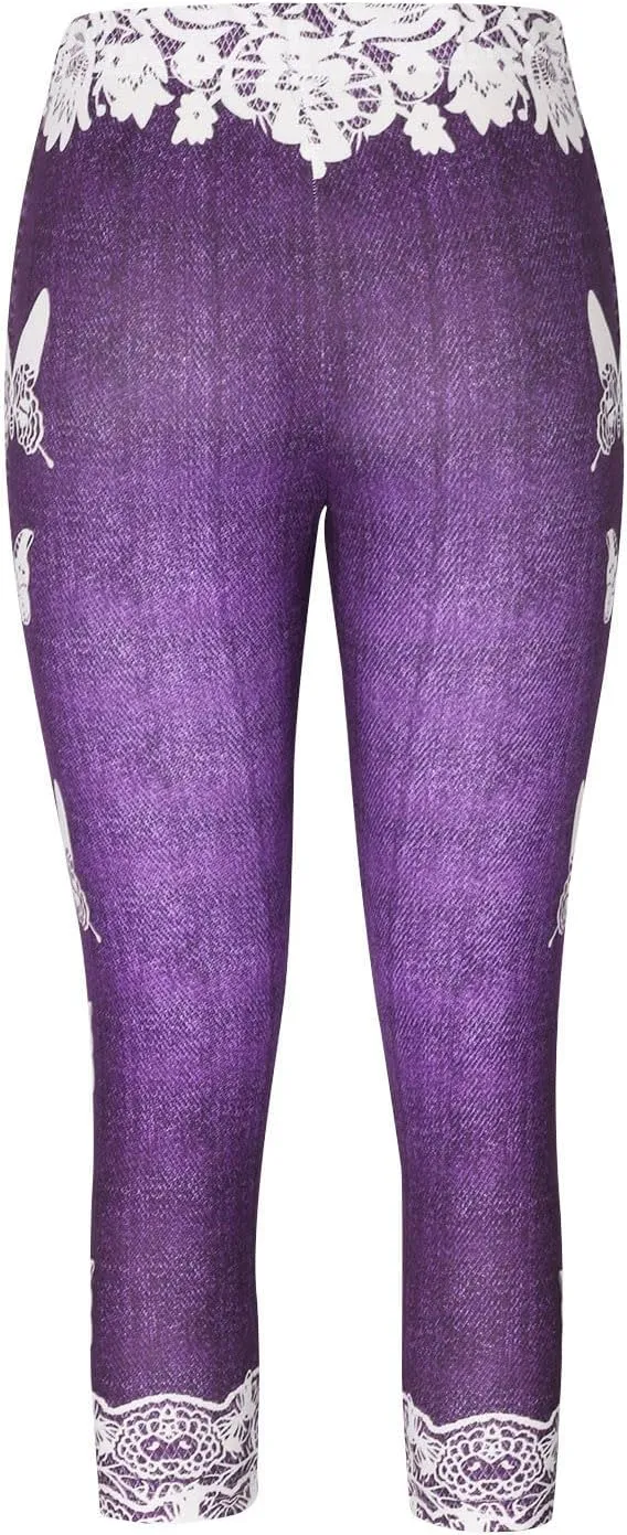 HGps8w Women Plus Size Jeans Jeggings Butterfly Lace Panel Bermuda Yoga Leggings High Waisted Stretch Capris Denim Pants