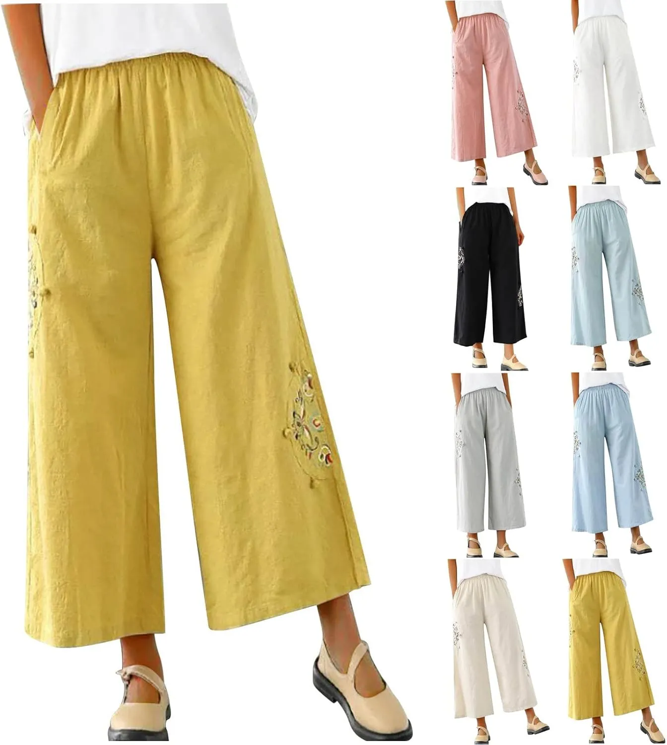 HGps8w Women's Cotton Linen Wide Leg Pants Plus Size Striped Drawstring Elastic High Waist Loose Lounge Trousers with Pockets