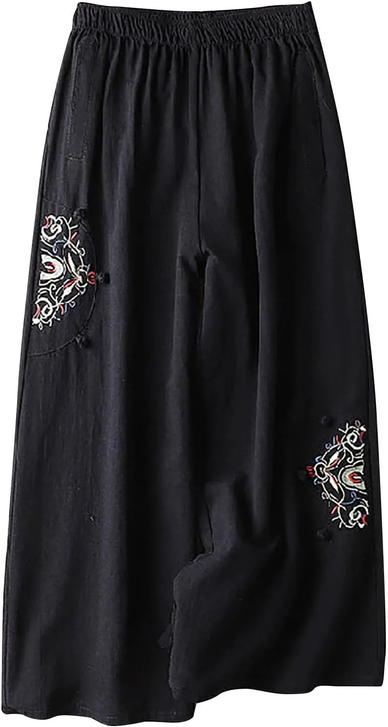HGps8w Women's Cotton Linen Wide Leg Pants Plus Size Striped Drawstring Elastic High Waist Loose Lounge Trousers with Pockets