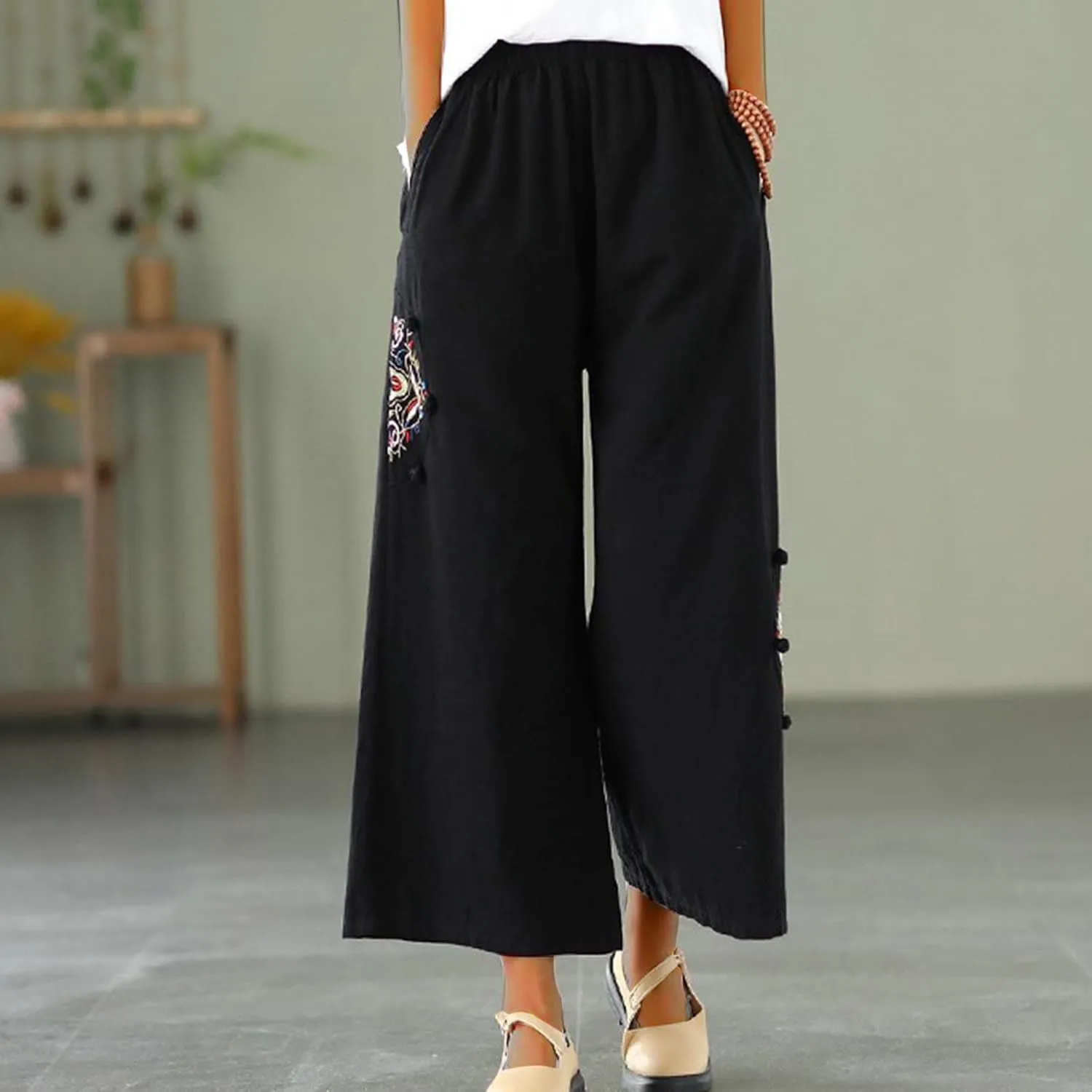 HGps8w Women's Cotton Linen Wide Leg Pants Plus Size Striped Drawstring Elastic High Waist Loose Lounge Trousers with Pockets