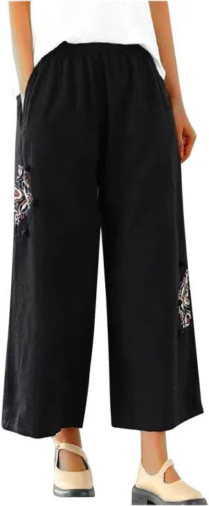 HGps8w Women's Cotton Linen Wide Leg Pants Plus Size Striped Drawstring Elastic High Waist Loose Lounge Trousers with Pockets