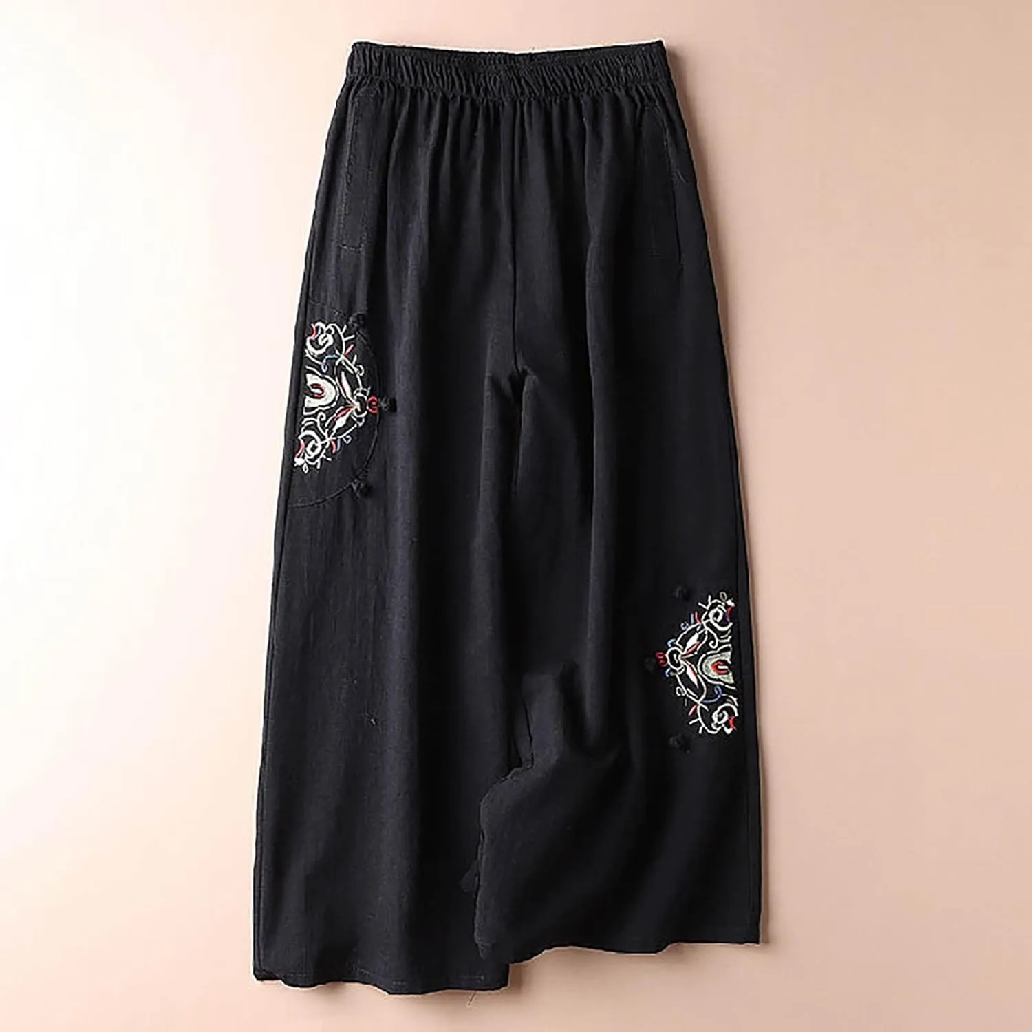 HGps8w Women's Cotton Linen Wide Leg Pants Plus Size Striped Drawstring Elastic High Waist Loose Lounge Trousers with Pockets