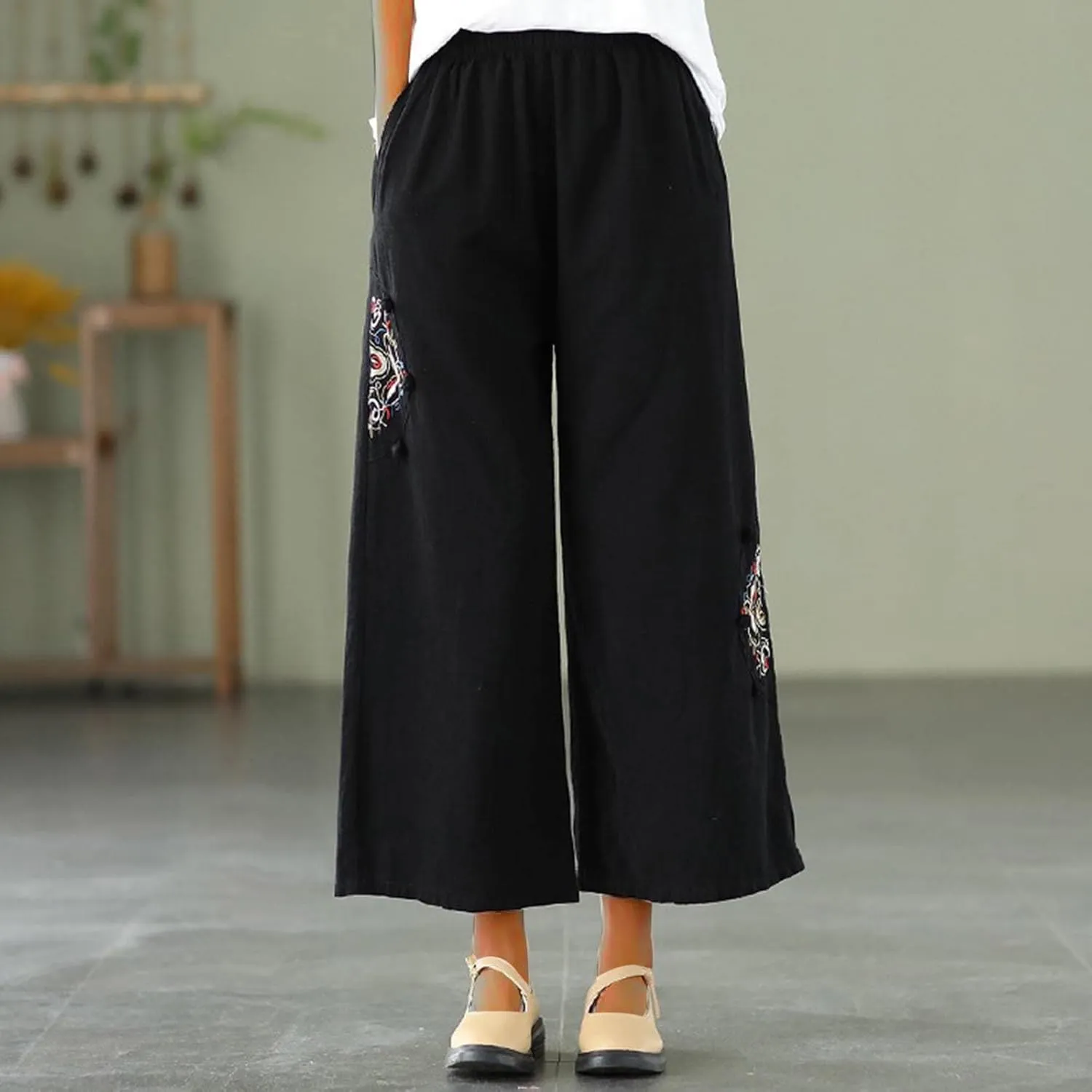 HGps8w Women's Cotton Linen Wide Leg Pants Plus Size Striped Drawstring Elastic High Waist Loose Lounge Trousers with Pockets