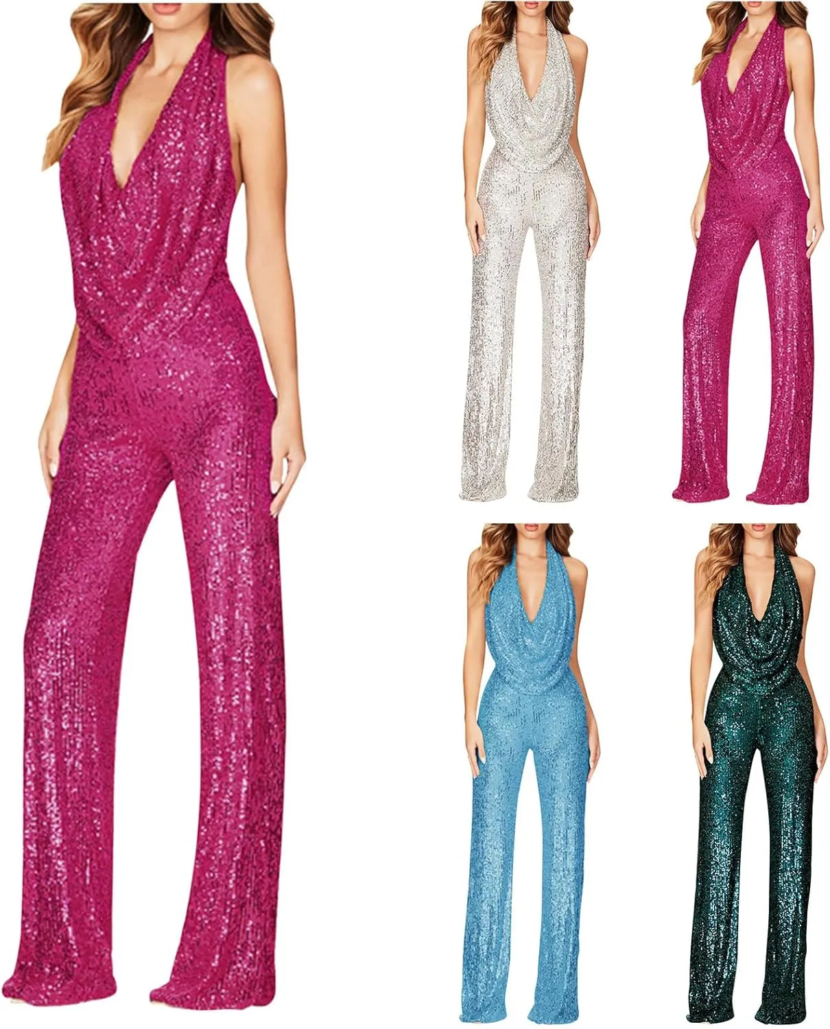 HGps8w Women's Sexy Halter Cowl Neck Sparkly Jumpsuits Clubwear Sleeveless Elegant Sequins Bodycon Wide Leg Pants Rompers