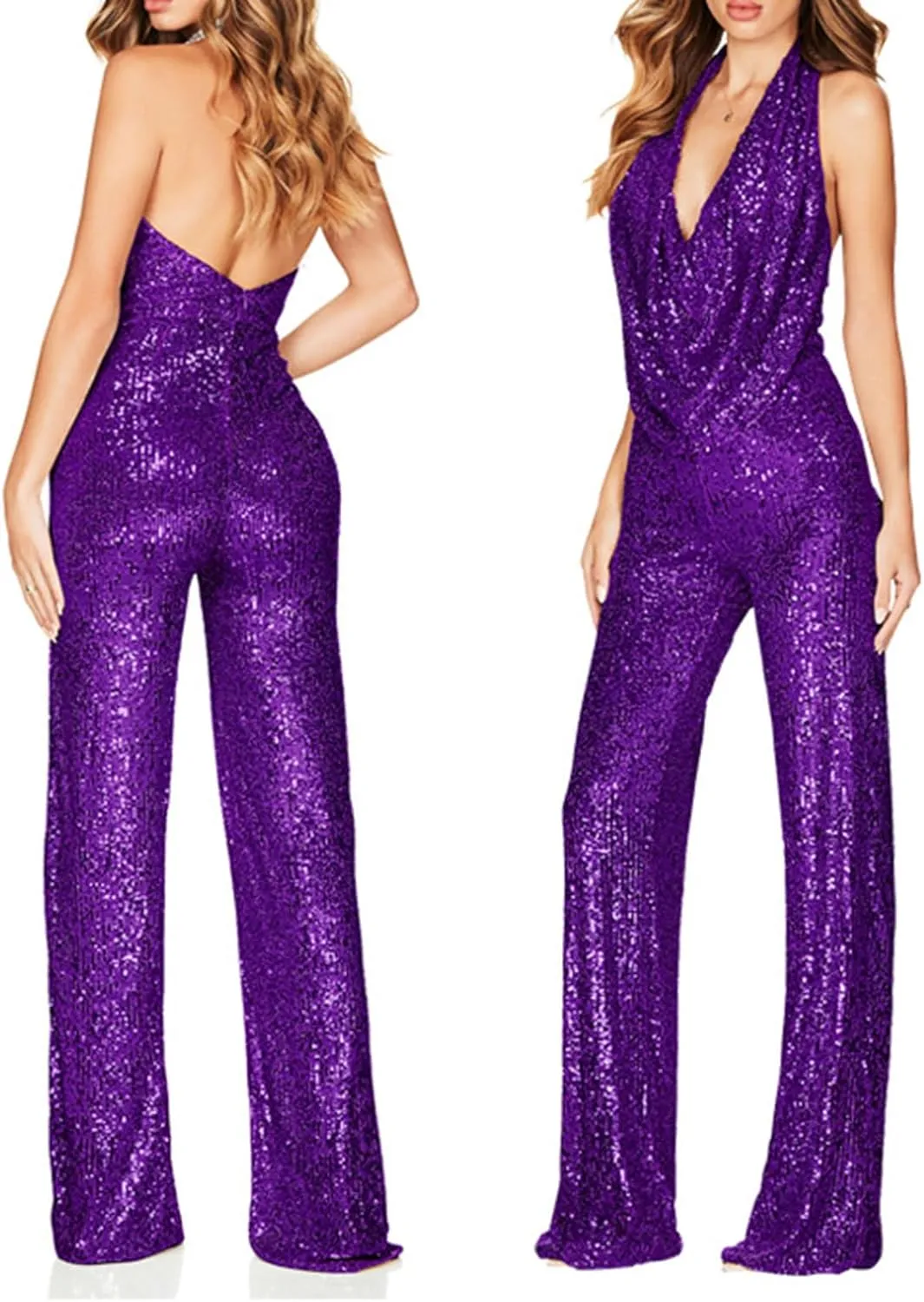 HGps8w Women's Sexy Halter Cowl Neck Sparkly Jumpsuits Clubwear Sleeveless Elegant Sequins Bodycon Wide Leg Pants Rompers