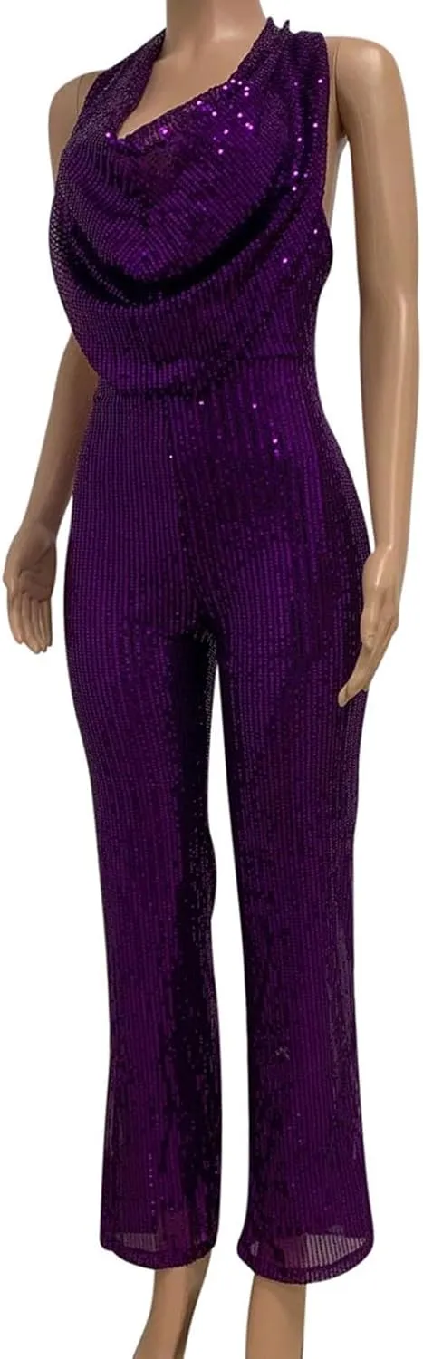 HGps8w Women's Sexy Halter Cowl Neck Sparkly Jumpsuits Clubwear Sleeveless Elegant Sequins Bodycon Wide Leg Pants Rompers