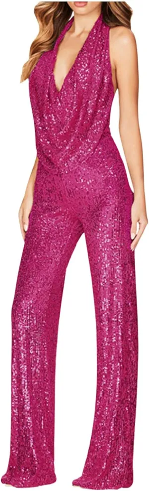 HGps8w Women's Sexy Halter Cowl Neck Sparkly Jumpsuits Clubwear Sleeveless Elegant Sequins Bodycon Wide Leg Pants Rompers