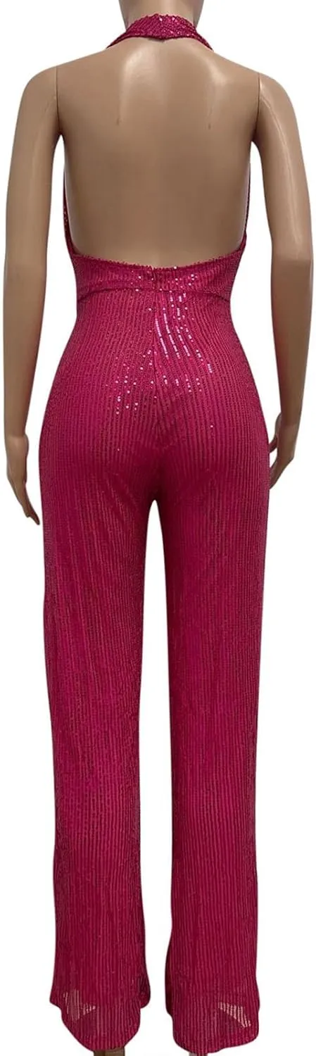 HGps8w Women's Sexy Halter Cowl Neck Sparkly Jumpsuits Clubwear Sleeveless Elegant Sequins Bodycon Wide Leg Pants Rompers