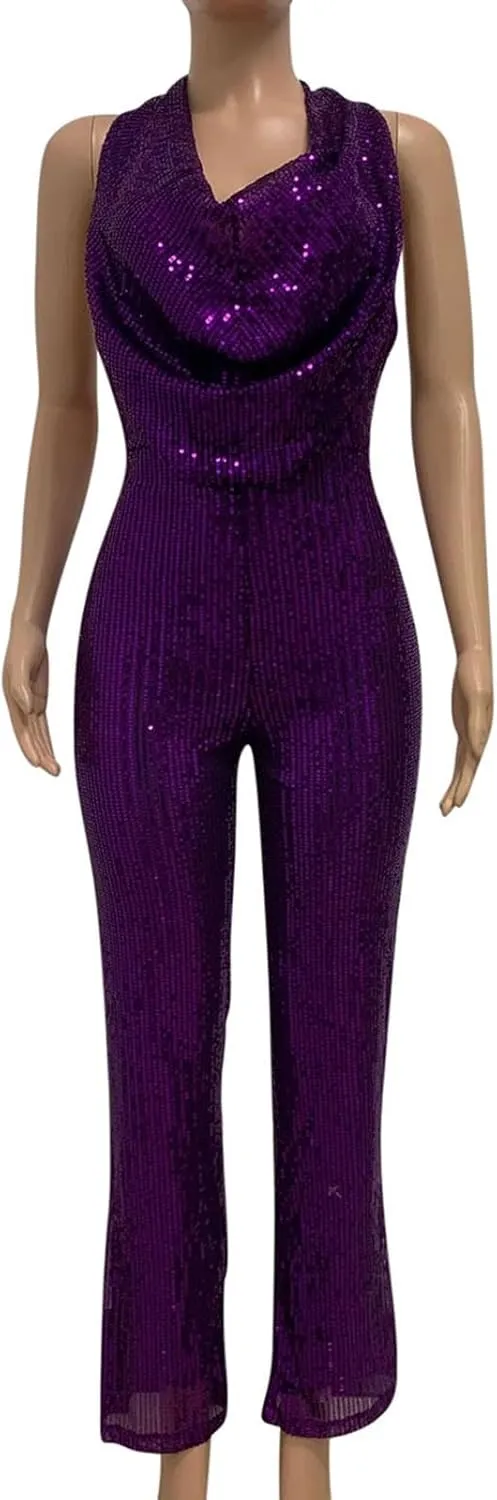 HGps8w Women's Sexy Halter Cowl Neck Sparkly Jumpsuits Clubwear Sleeveless Elegant Sequins Bodycon Wide Leg Pants Rompers