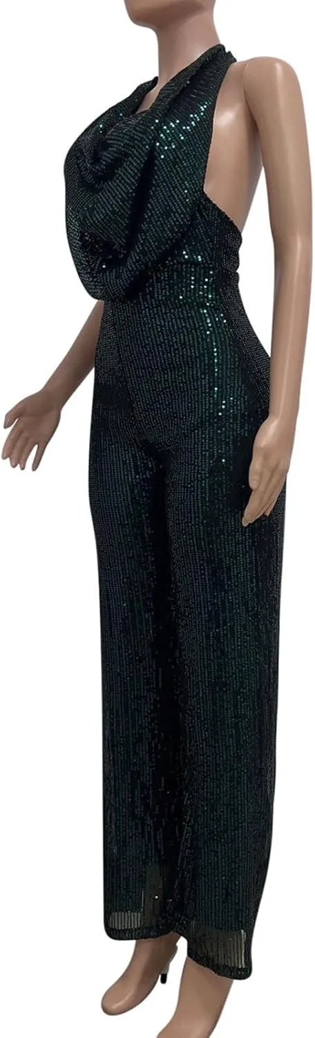 HGps8w Women's Sexy Halter Cowl Neck Sparkly Jumpsuits Clubwear Sleeveless Elegant Sequins Bodycon Wide Leg Pants Rompers