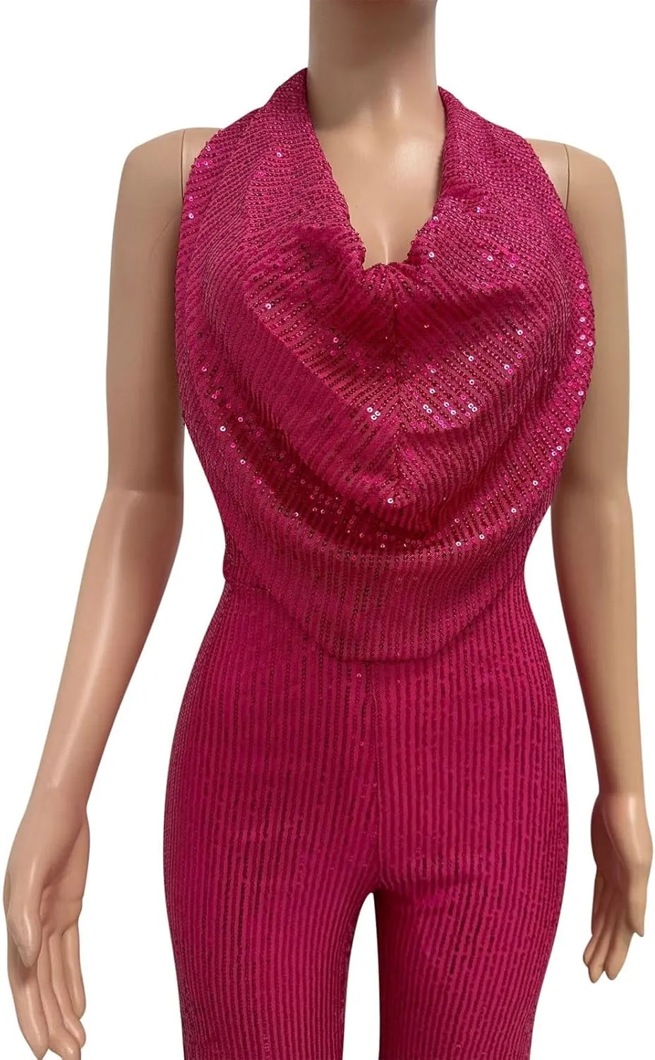 HGps8w Women's Sexy Halter Cowl Neck Sparkly Jumpsuits Clubwear Sleeveless Elegant Sequins Bodycon Wide Leg Pants Rompers
