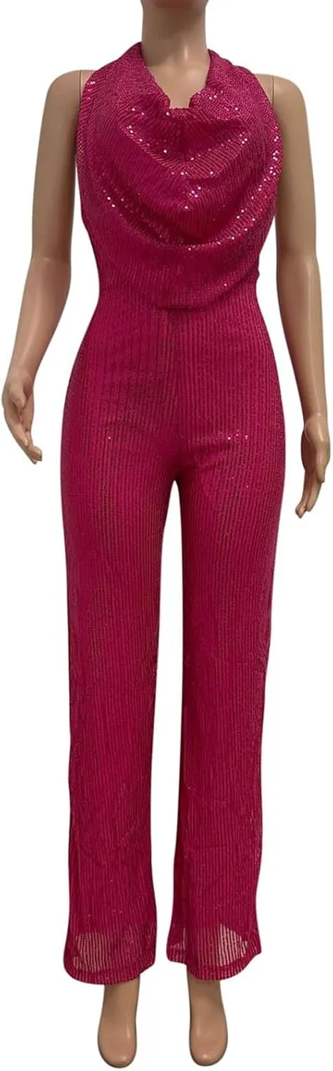 HGps8w Women's Sexy Halter Cowl Neck Sparkly Jumpsuits Clubwear Sleeveless Elegant Sequins Bodycon Wide Leg Pants Rompers
