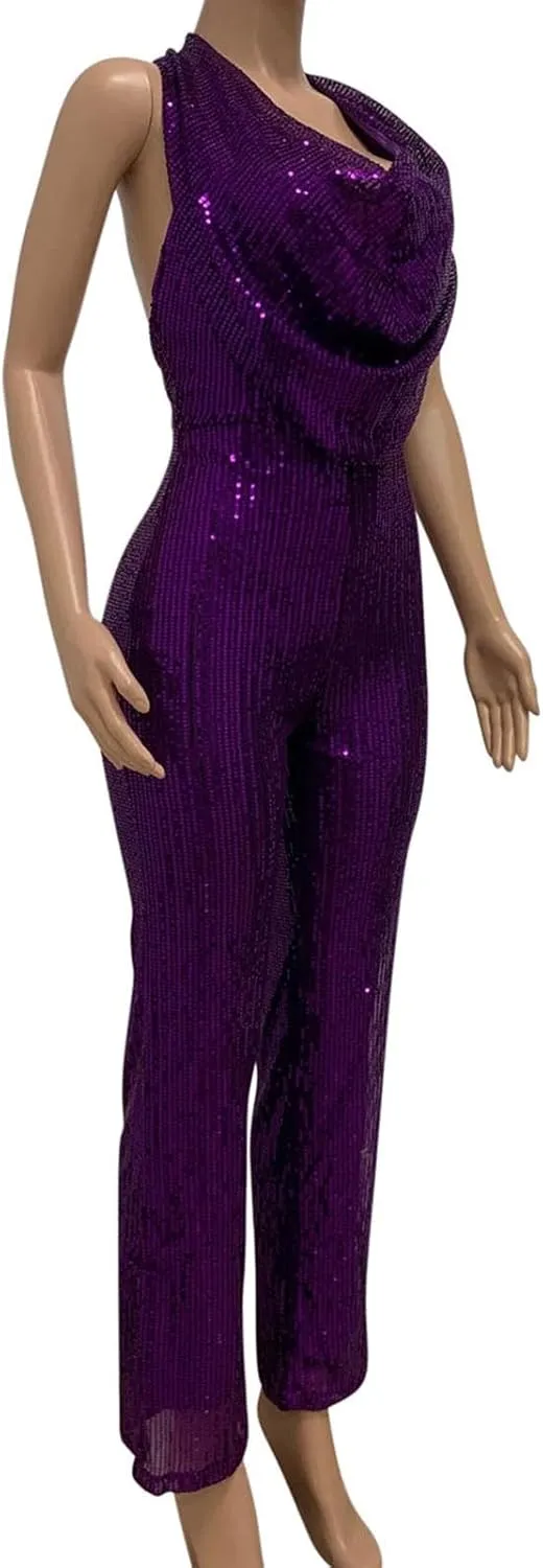 HGps8w Women's Sexy Halter Cowl Neck Sparkly Jumpsuits Clubwear Sleeveless Elegant Sequins Bodycon Wide Leg Pants Rompers
