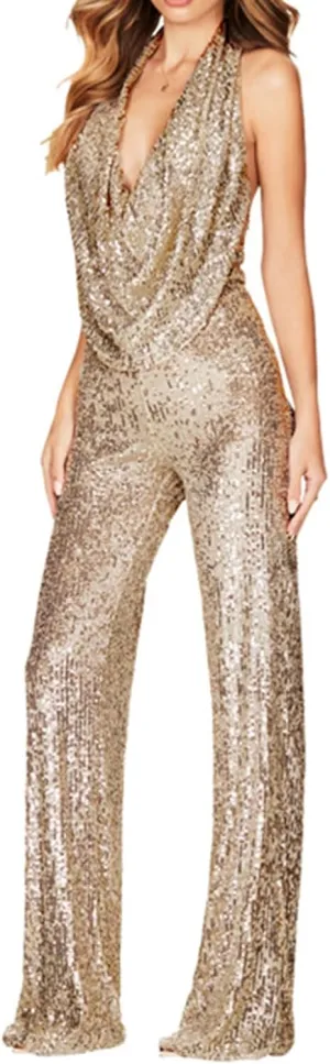 HGps8w Women's Sexy Halter Cowl Neck Sparkly Jumpsuits Clubwear Sleeveless Elegant Sequins Bodycon Wide Leg Pants Rompers