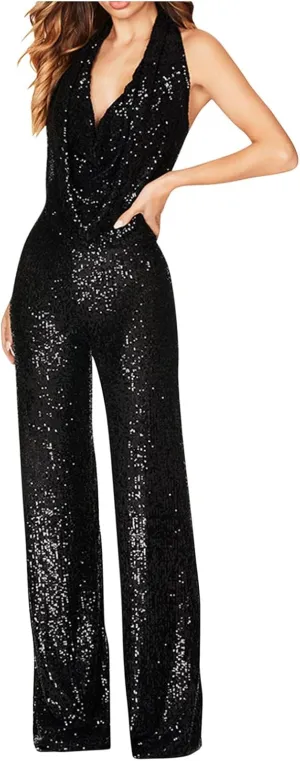 HGps8w Women's Sexy Halter Cowl Neck Sparkly Jumpsuits Clubwear Sleeveless Elegant Sequins Bodycon Wide Leg Pants Rompers