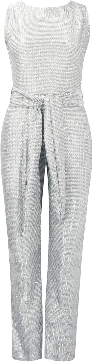 HGps8w Women's Sexy Halter Cowl Neck Sparkly Jumpsuits Clubwear Sleeveless Elegant Sequins Bodycon Wide Leg Pants Rompers