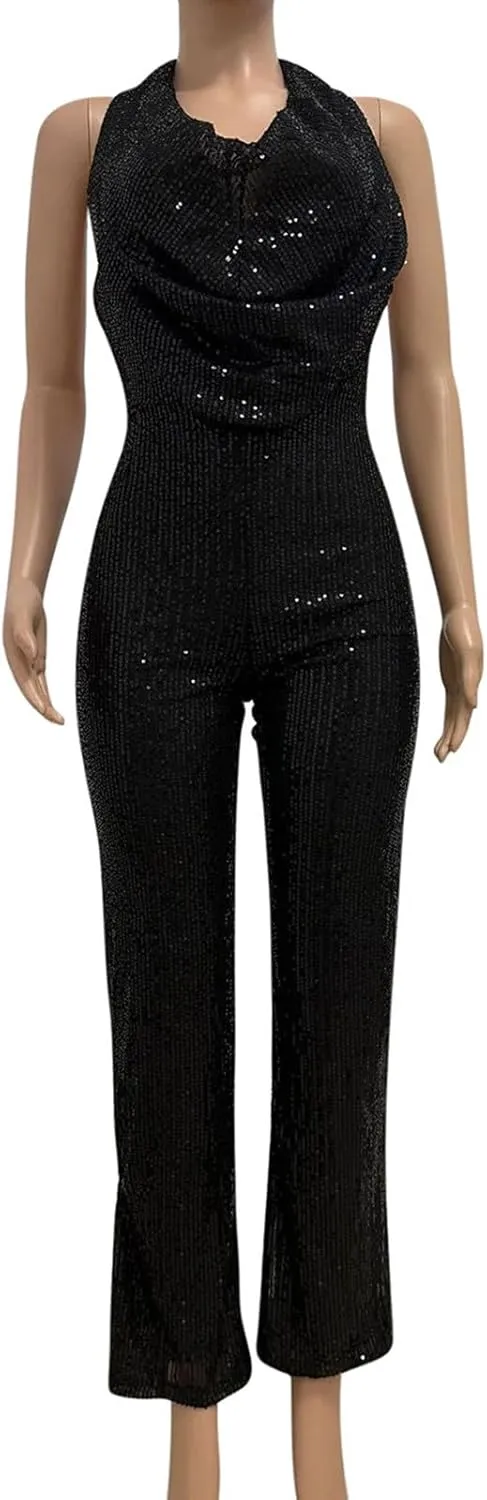 HGps8w Women's Sexy Halter Cowl Neck Sparkly Jumpsuits Clubwear Sleeveless Elegant Sequins Bodycon Wide Leg Pants Rompers