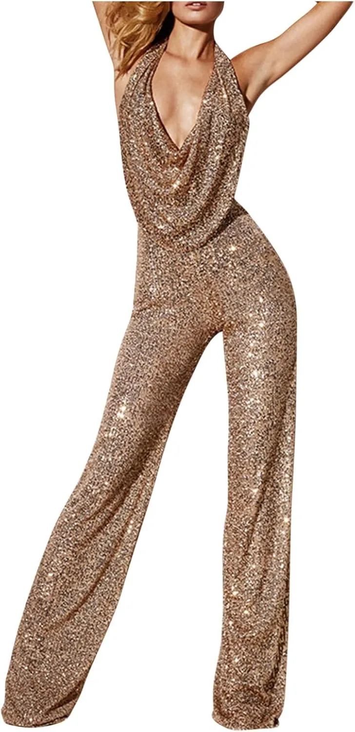 HGps8w Women's Sexy Halter Cowl Neck Sparkly Jumpsuits Clubwear Sleeveless Elegant Sequins Bodycon Wide Leg Pants Rompers