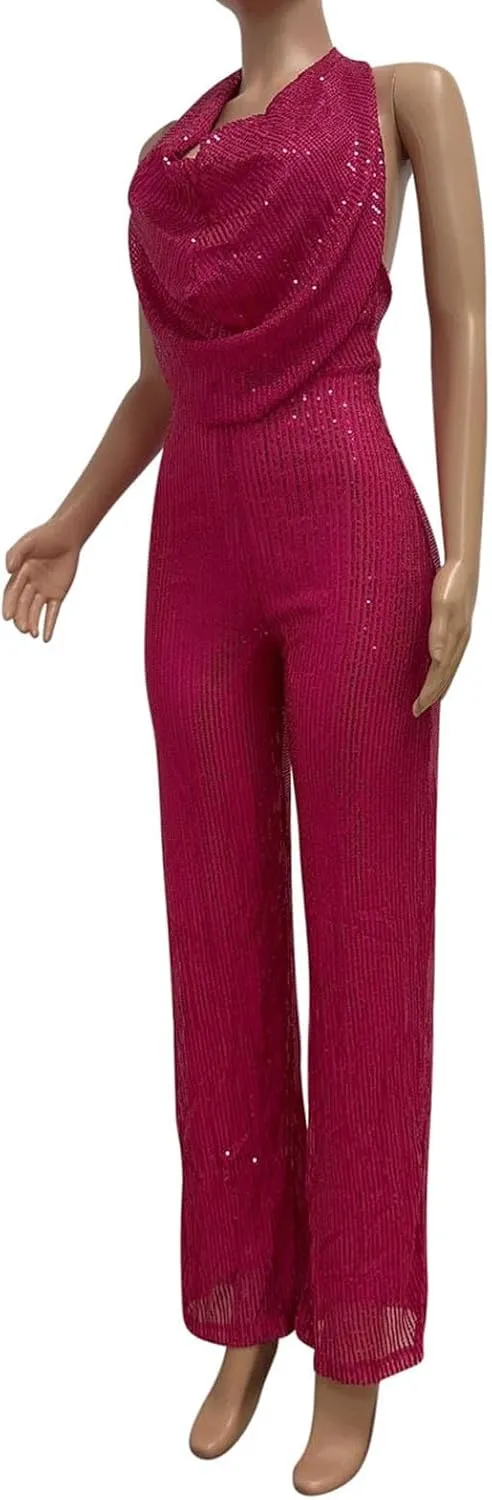 HGps8w Women's Sexy Halter Cowl Neck Sparkly Jumpsuits Clubwear Sleeveless Elegant Sequins Bodycon Wide Leg Pants Rompers