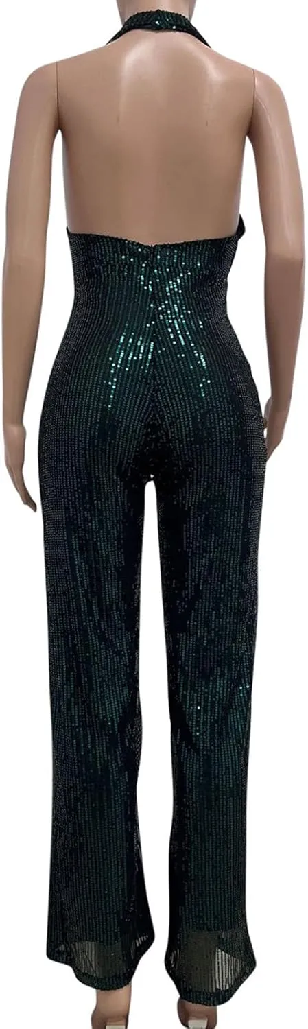 HGps8w Women's Sexy Halter Cowl Neck Sparkly Jumpsuits Clubwear Sleeveless Elegant Sequins Bodycon Wide Leg Pants Rompers