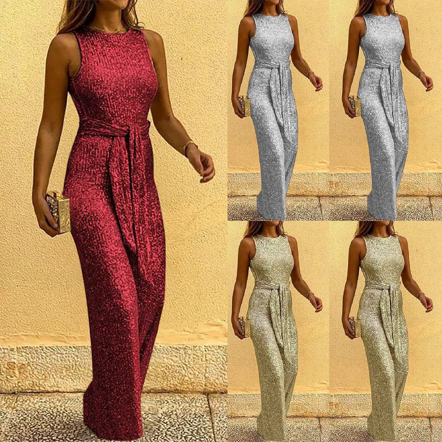 HGps8w Women's Sexy Halter Cowl Neck Sparkly Jumpsuits Clubwear Sleeveless Elegant Sequins Bodycon Wide Leg Pants Rompers