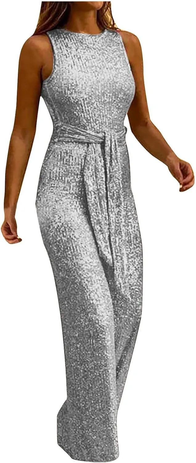 HGps8w Women's Sexy Halter Cowl Neck Sparkly Jumpsuits Clubwear Sleeveless Elegant Sequins Bodycon Wide Leg Pants Rompers
